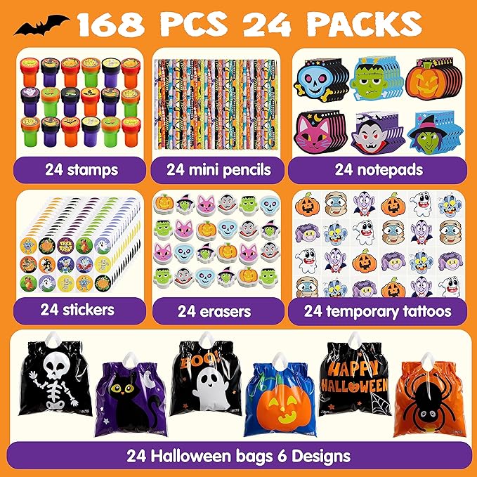 JOYIN 168 Pcs 24 Pack Assorted Halloween Art and Craft Stationery Kids Gift Set Trick or Treat Party Favor Toy Including Halloween Bag, Notepads, Stamps, Pencils, Stickers and Temporary Tattoos