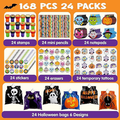 JOYIN 168 Pcs 24 Pack Assorted Halloween Art and Craft Stationery Kids Gift Set Trick or Treat Party Favor Toy Including Halloween Bag, Notepads, Stamps, Pencils, Stickers and Temporary Tattoos
