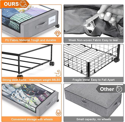 Under Bed Storage with Wheels, 2 Pack Under Bed Storage Containers with Dividers & Clear Lids, XXL 65L Under the bed storage Organizer Bins, Underbed Storage with Wheels for Clothes (Gray, 2 Pack)