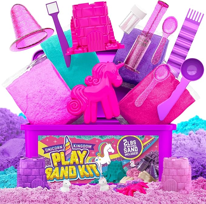 GirlZone Unicorn Sensory Bin Kingdom Sand Art Kit, 2lbs Moldable Colored Sand, 7 Tools for Kids, Rainbow Sand, Imaginative Playtime, Sensory Fun, Ideal Birthday & Holiday Gifts for Girls on Easter