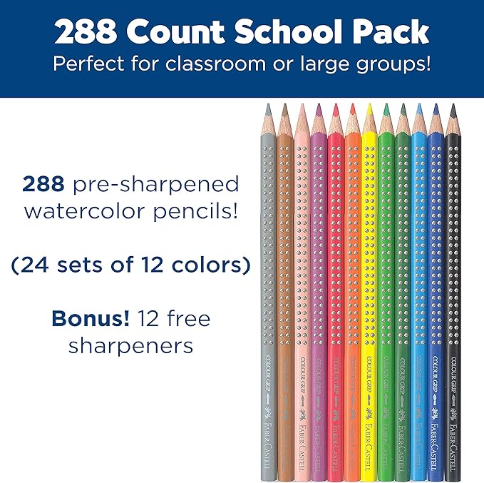 Faber-Castell - 288 Count- Grip Watercolor EcoPencils School Pack - Art Supplies For Kids- (24 Sets of 12 Colors + Free Sharpeners and Paint Brushes)