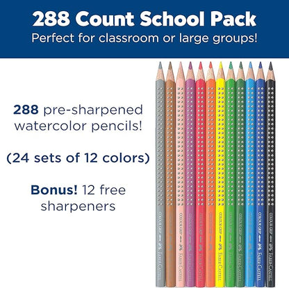 Faber-Castell - 288 Count- Grip Watercolor EcoPencils School Pack - Art Supplies For Kids- (24 Sets of 12 Colors + Free Sharpeners and Paint Brushes)