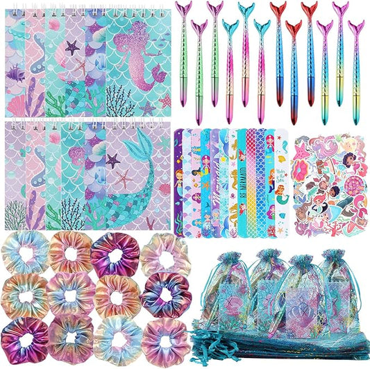 110 PCS Mermaid Party Favors for Girls Mermaid Birthday Decorations Party Supplies Include 12 Pen 12 Notepad 12 Shiny Metallic Scrunchies 12 Slap Bracelet 12 Gift Bag 50 Mermaid Sticker (Mermaid)