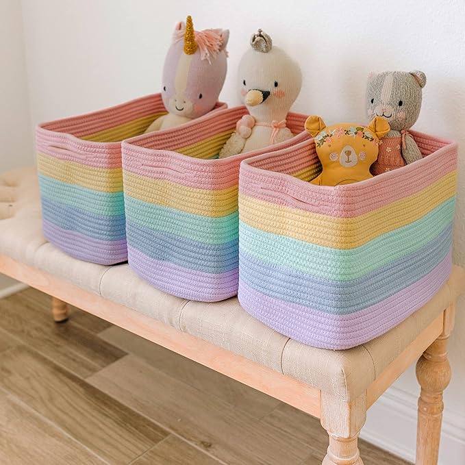 OrganiHaus Set of 3 Pastel Rainbow Baskets - Colorful Woven Storage Baskets for Playroom, Nursery & Classroom Decor, Toy Storage, 15x9x10