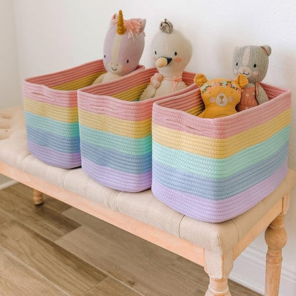OrganiHaus Set of 3 Pastel Rainbow Baskets - Colorful Woven Storage Baskets for Playroom, Nursery & Classroom Decor, Toy Storage, 15x9x10