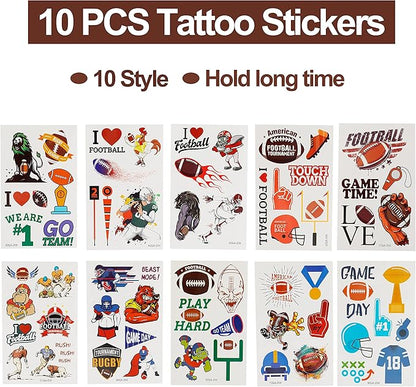 Football Party Favor Set 108 Pcs Rugby Rubber Treat Box Stickers Silicone Bracelet Tattoo Stickers Key Buckle Prefect for Football Theme Party and Birthday Party Supplies Decorations