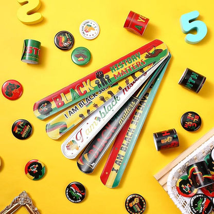 Frienda 60 Pcs Black History Month Party Favors Black History Slap Bracelets and Badge Pins for Freedom Day Patriotic Party Supplies for Black American Independence Day 1865 Juneteenth Decor
