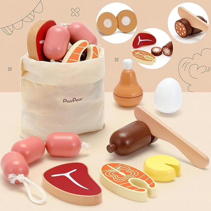 PairPear Wooden Toys Play Food Sets for Kids Kitchen, Kids Toy Food Cutting Meat Set for Toddlers 3+ Years Old, Pretend Food Play Kitchen Accessories for Girls and Boys