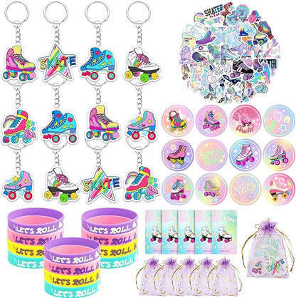110 PCS Roller Skate Party Favors Skating Party Supplies with Key Chains Button Pins Stickers Rubber Bracelets for Hip Hop Disco 80s 90s Themed Party (style 1)