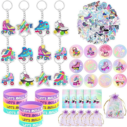 110 PCS Roller Skate Party Favors Skating Party Supplies with Key Chains Button Pins Stickers Rubber Bracelets for Hip Hop Disco 80s 90s Themed Party (style 1)