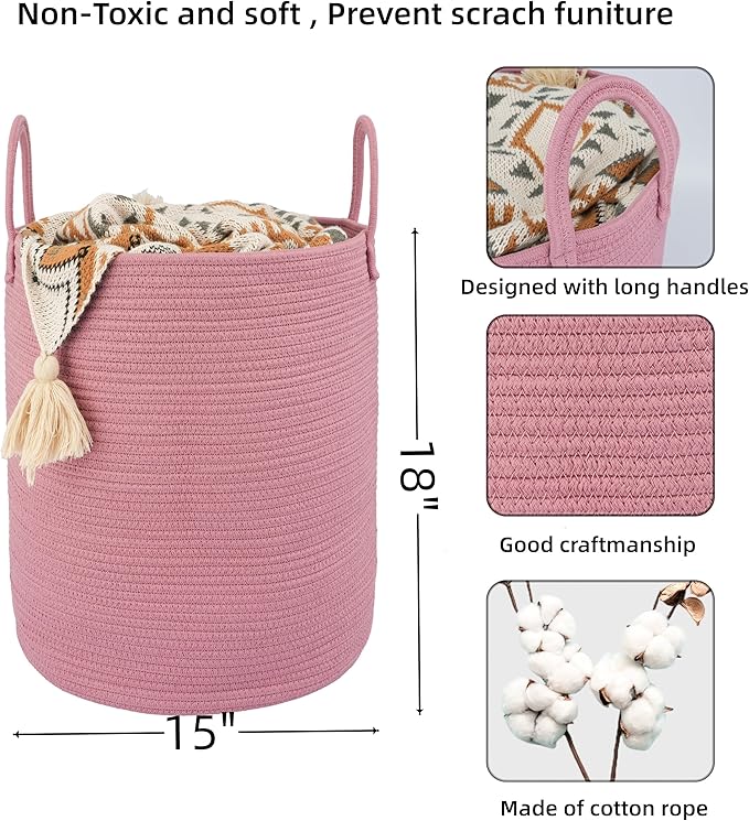 XUANGUO Cotton Rope Laundry Basket Hamper for Clothes Woven Storage Basket for Living Room Bedroom Boho Tall Rope Baskets for Blanket Toys Pillow Towels Baby Nursery Hamper Bin grape purple