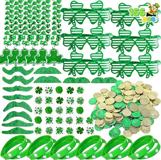 JOYIN 156 Pcs St. Patrick's Day Party Favor Set, 6 Necklaces 6 Eyeglasses 12 Bracelets 72 Temporary Tattoos 12 PCS Mustache 48 Plastic Coins St Patricks Day Accessories