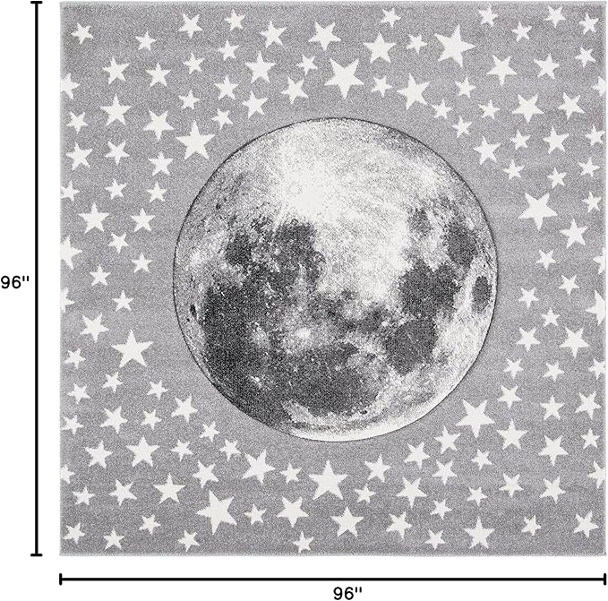 SAFAVIEH Carousel Kids Collection 8' Square Light Grey/White CRK135F Moon and Stars Non-Shedding Nursery Playroom Area Rug