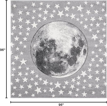 SAFAVIEH Carousel Kids Collection 8' Square Light Grey/White CRK135F Moon and Stars Non-Shedding Nursery Playroom Area Rug