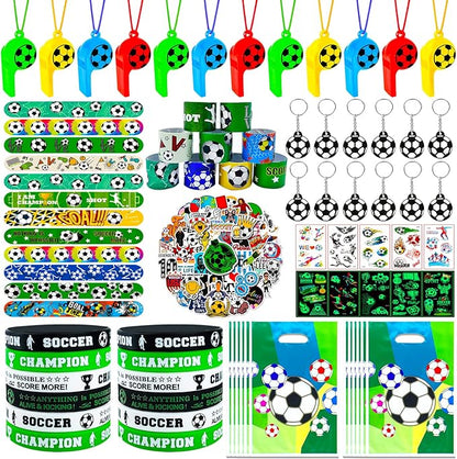 120Pcs Soccer Party Favors, Soccer Birthday Party Supplies with Whistle Stickers Slap Bracelet Key Chains and Soccer Goodie Bags for Soccer Party Decorations Supplies