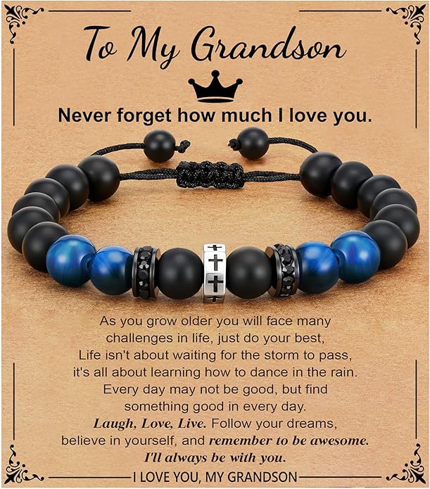 To Mens Gifts Cross Bracelet for Boys Son Grandson Brother Nephew, Cross Beads Bracelet Christian Birthday Graduation Gifts for Teen Boys