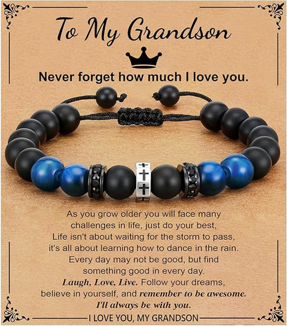 To Mens Gifts Cross Bracelet for Boys Son Grandson Brother Nephew, Cross Beads Bracelet Christian Birthday Graduation Gifts for Teen Boys