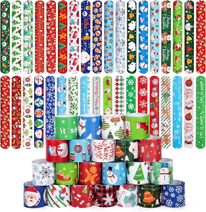 LovesTown 64PCS Christmas Slap Bracelets for Kids, Christmas Snap Bracelets Bulk Christmas Slap Wristbands for Stocking Stuffers Goodie Bag Fillers