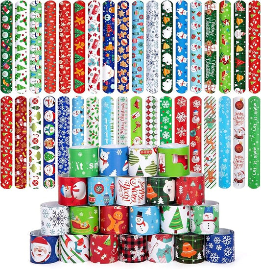 LovesTown 64PCS Christmas Slap Bracelets for Kids, Christmas Snap Bracelets Bulk Christmas Slap Wristbands for Stocking Stuffers Goodie Bag Fillers