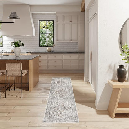 Nourison Astra Machine Washable Traditional Grey/Multi 2'2" x 12' Area Rug, Easy Cleaning, Non Shedding, Bed Room, Living Room, Dining Room, Kitchen (2x12)