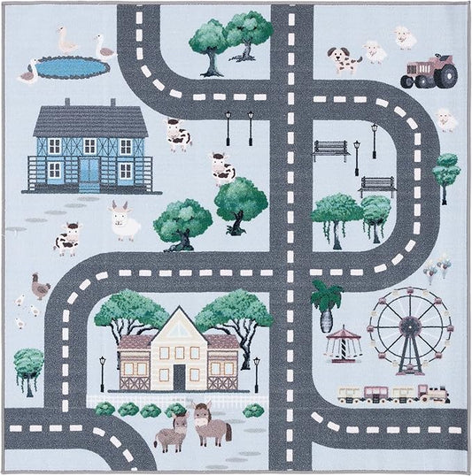 SAFAVIEH Kids Playhouse Collection Area Rug - 5' Square, Blue & Dark Grey, Non-Shedding Machine Washable & Slip Resistant Ideal for High Traffic Areas for Boys & Girls in Playroom (KPH235M)