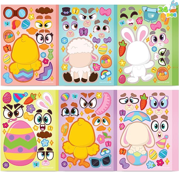 JOYIN 24 PCS Easter Match Make a Face Stickers with Easter Egg Themed Chick Bunny Sheep Egg Pattern, Stickers for Kids, Decorations for Water Bottle, Basket Stuffers, Classroom Gifts