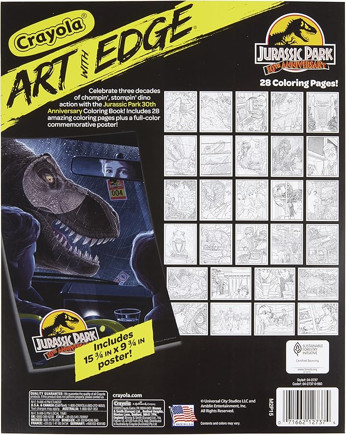 Crayola Art with Edge Jurassic Park Coloring Pages (28pgs), Adult Coloring, Jurassic Park Merchandise, Gift for Teens