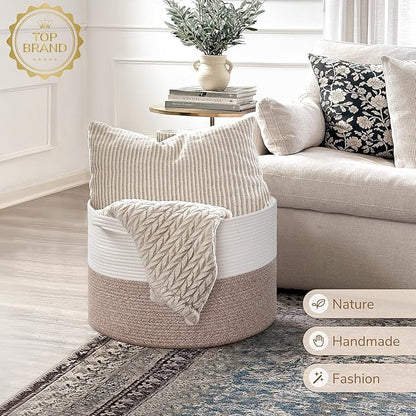 INDRESSME Large Blanket Basket, Laundry Toy Storage Baskets, Decorative Woven Basket for Living Room & Nursery, Baskets for Gifts Empty, Laundry, Dog Toys, Towels, White & Brown, 19.7" D x 12.6" H