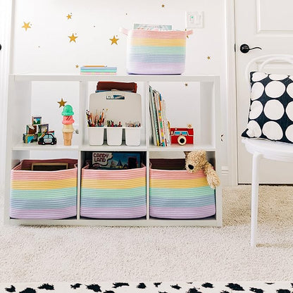 OrganiHaus Pastel Rainbow Basket - Colorful Woven Storage Basket for Playroom, Nursery & Classroom Decor & Toy Storage, 15x9x10