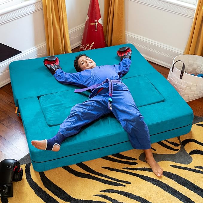 Jaxx Zipline Kids Sofa & Large Ottoman, 3 in 1 Fold Out Sofa, Big Kids Edition, Teal