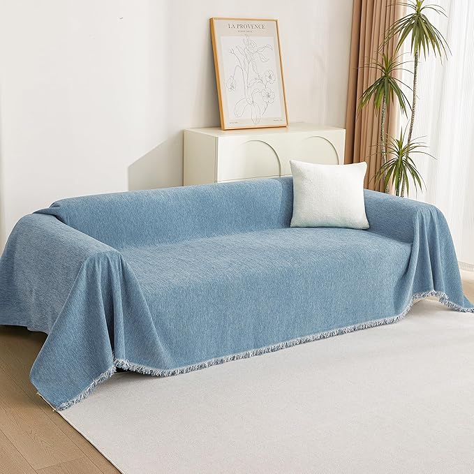 MYSKY HOME Sectional Sofa Covers Blue Couch Covers for 3 Cushion Couch Sofa Chenille Couch Cover Living Room Multi-Use L Shaped Sofa Slipcovers for Dogs Cats Kids Tassel Edge 91" x 134"