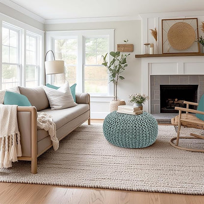 COTTON CRAFT - Hand Knitted Cable Style Tweed Dori Pouf - Spa-Chocolate - Floor Ottoman - Cotton Braid Cord - Handmade & Hand Stitched - Truly one of a Kind Seating - 20 Dia x 14 High