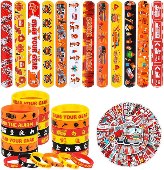 Lorfancy 98 Pcs Firefighter Party Favors Supplies Kids Firefighter Slap Bracelets Rubber Silicone Wristbands Fire Truck Stickers Toddler Fireman Party Supplies Goodie Bag Fillers Gifts for 3 4 5 6 7 8