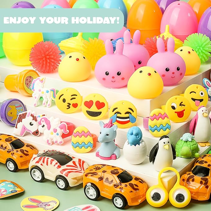 JOYIN 200Pcs Prefilled Easter Eggs with Assorted Toys Plus Stickers Inside, Easter Eggs Filled for Kids, Basket Stuffers, Egg Hunt, Party Favors, Classroom Prize Supplies