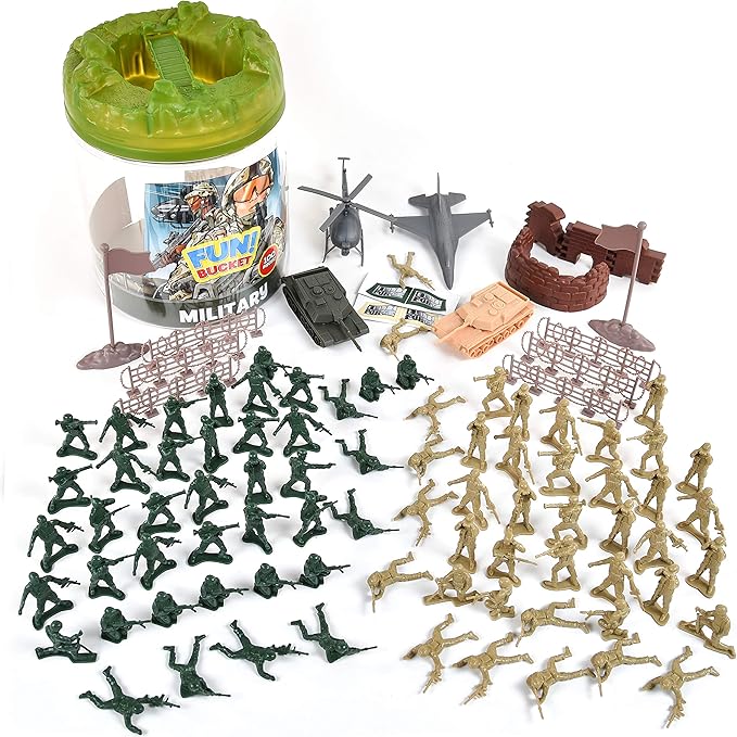 Sunny Days Entertainment Military Battle Group Bucket Over 100 Assorted Soldiers and 20 Accessories Toy Play Set for Kids, Boys and Girls | Plastic Army Men Figures with Storage Container