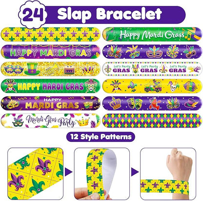 48 Mardi Gras 24PCS Mardi Gras Temporary Tattoos Sticker 24PCS Slap Bracelets Perfect for Themed Birthday Party Favors Baby Showers or Classroom Rewards Ideal Decor and Gifts for Girls and Boys