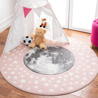 SAFAVIEH Carousel Kids Collection 6'7" Round Pink/Grey CRK135U Moon & Stars Non-Shedding Playroom Nursery Bedroom Area Rug