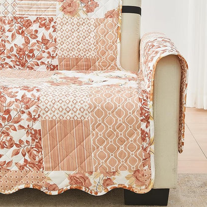 Great Bay Home Reversible Patchwork Loveseat Cover - Washable Slipcover Furniture Protector with Elastic Straps - Couch Cover for Dogs, Kids, and Pets - Box-Stitched Detail (Loveseat, Dusty Rose)