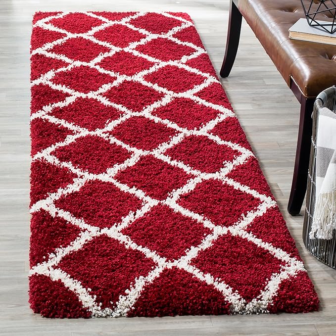 SAFAVIEH Hudson Shag Collection Runner Rug - 2'3" x 6', Red & Ivory, Moroccan Trellis Design, Non-Shedding & Easy Care, 2-inch Thick Ideal for High Traffic Areas in Living Room, Bedroom (SGH283R)