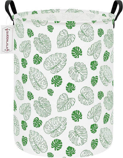 QUEENLALA Large Storage Basket,Laundry Hamper/Bathroom/Home Decor/Collapsible Round Storage Bin,Boys and Girls Hamper/Boxes/Clothing(Round-Green Leaf)