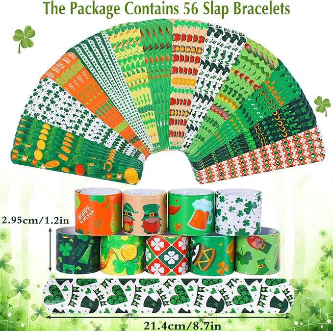 JUNEBRUSHS St. Patrick's Day Slap Bracelets, 56 Pack Saint Patricks Party Favors for Kids Shamrock Slap Bands Irish Clover Wristbands Snap Bracelets Bulk for Boys Girls Birthday Gifts Party Supplies