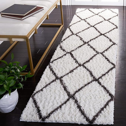 SAFAVIEH Berber Shag Collection 2' 3" x 8' Ivory/Grey BER522F Moroccan Trellis Non-Shedding Entryway Foyer Living Room Bedroom 1.3-inch Thick Runner Rug