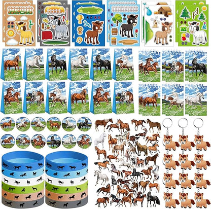 113 PCS Horse Party Favors Set, 41 Horse Stickers, 12 Goodie Bags,12 Button Badges, 12 Keychains, 12mini notepads,12 rubber bracelets for Cowboy Cowgirl Animal Horse Birthday Party Supplies (Blue)
