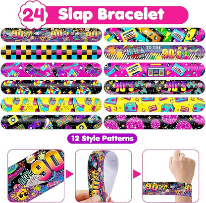 48PCS 90s & 80s Party Favors - 24PCS Tattoos & 24PCS Slap Bracelets, Retro 90s Birthday Party Supplies Decorations, Ideal for Kids’ Classroom Prizes & Rewards for Boys & Girls
