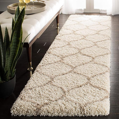 SAFAVIEH Hudson Shag Collection Runner Rug - 2'3" x 20', Ivory & Beige, Trellis Design, Non-Shedding & Easy Care, 2-inch Thick Ideal for High Traffic Areas in Living Room, Bedroom (SGH280D)