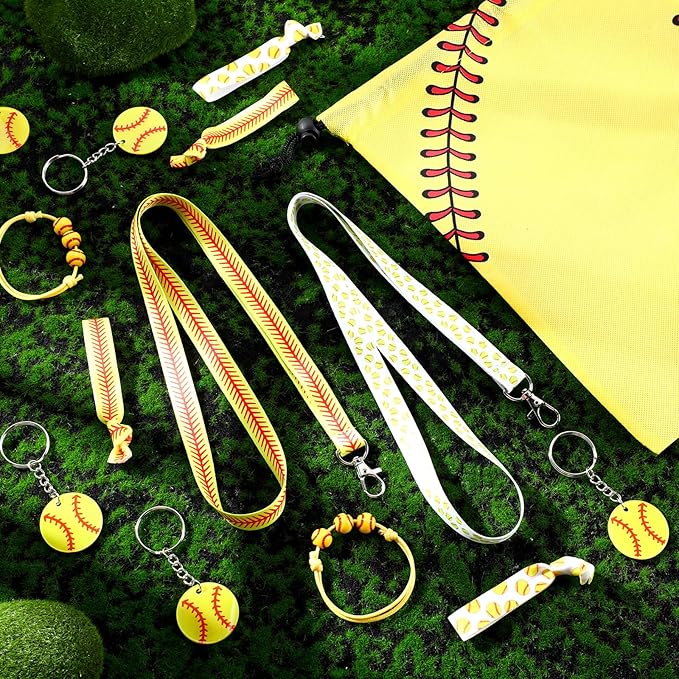 Abbylike 60 Pcs Softball Party Favors Set Softball Gifts for Girls 12 Softball Drawstring Bags 12 Softball Hair Ties 12 Softball Bracelets 12 Lanyards 12 Keychains for Sports Team Party Supplies
