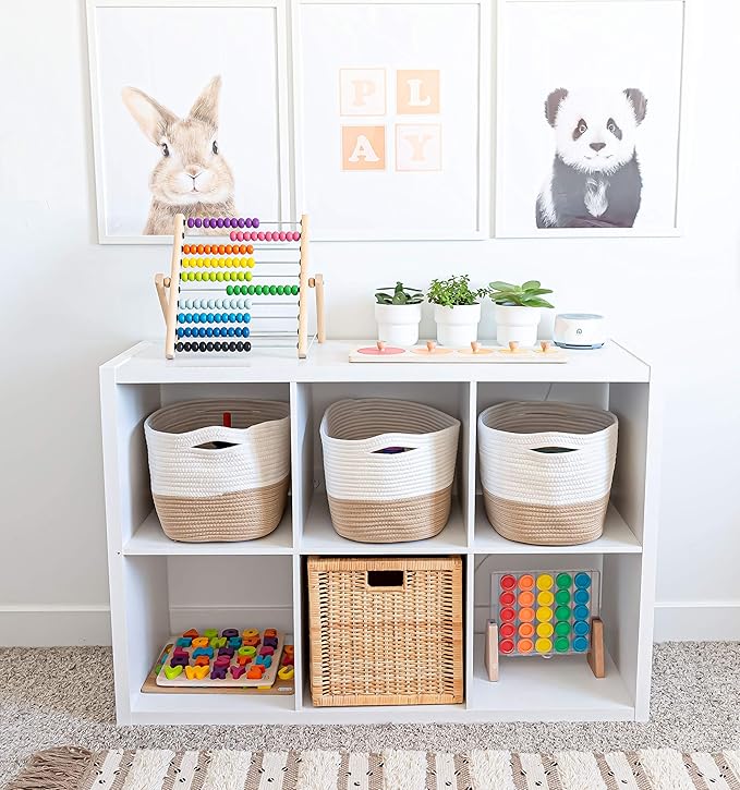 OrganiHaus Cotton Rope Basket for Shelf - Woven Storage Basket for Organizing, Closet & Toy Storage - Honey/Off-White - 15x9x10