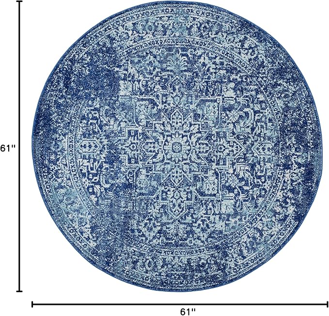 SAFAVIEH Evoke Collection 5'1" Round Navy/Ivory EVK256A Oriental Distressed Non-Shedding Dining Room Entryway Foyer Living Room Bedroom Area Rug
