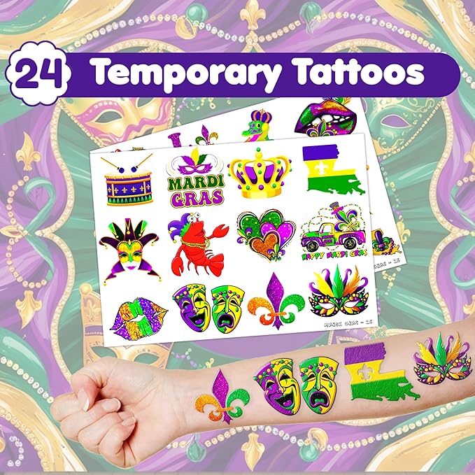 48 Mardi Gras 24PCS Mardi Gras Temporary Tattoos Sticker 24PCS Slap Bracelets Perfect for Themed Birthday Party Favors Baby Showers or Classroom Rewards Ideal Decor and Gifts for Girls and Boys