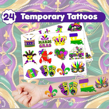48 Mardi Gras 24PCS Mardi Gras Temporary Tattoos Sticker 24PCS Slap Bracelets Perfect for Themed Birthday Party Favors Baby Showers or Classroom Rewards Ideal Decor and Gifts for Girls and Boys